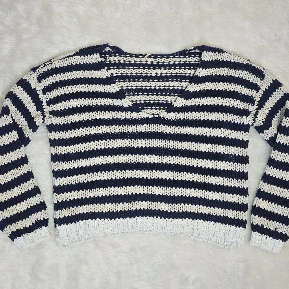 FREE PEOPLE Portland Pullover Navy Blue Stripes Sweater Knit SMALL - Picture 4 of 10